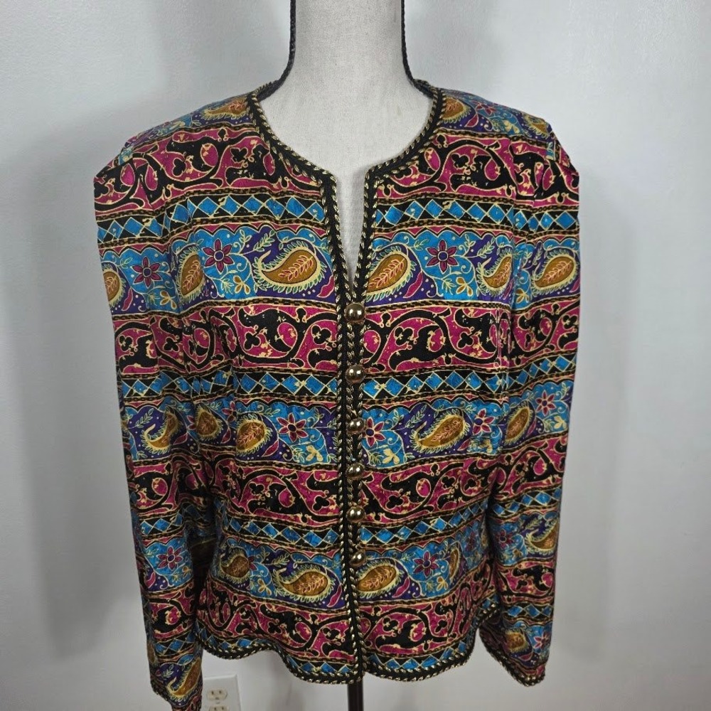VTG MAGGY LONDON by KENNETH NOLAN Silk Paisley Jacket Artsy‎ Dopamine  Sz 16